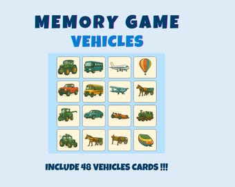 Memory Game for Kids – Vehicles | 48 Printable Cards | Fun Transportation Matching Game | Educational Activity | PDF Instant Download