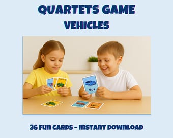 Vehicles Quartet Card Game for Kids – 36 Printable Cards – Educational Transportation Game – Instant Download