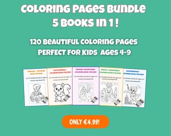 Coloring Pages Bundle – 120 Printable Fun Sheets for Kids (Animals, Fantasy, Fruits, Vehicles, Superheroes)