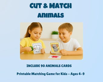 Cut & Match – Animal Flashcards | 90 Printable Cards for Kids | Scissor Skills, Matching Game and Learning Fun | Ages 4–8 | Instant Download