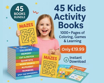 Kids Printable Activity Bundle – 45 Fun Workbooks for Preschool, Kindergarten & Homeschool – Coloring, Mazes, Memory Games, Puzzles and more