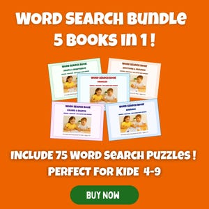 Word Search Bundle for Kids – 5 Printable Activity Books – 75 Fun Word Search Puzzles – Instant Download PDF