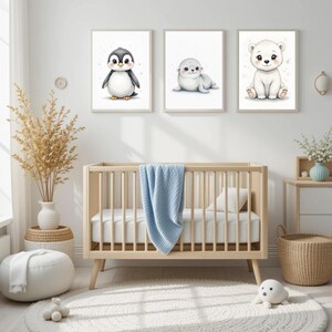 Póster de animales polares: oso polar, foca, pingüino. Decoración para habitación de bebé niña. Póster infantil para imprimir. Conjunto de pósteres.