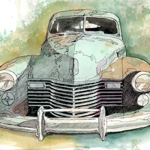 Antique Car, Cadillac, watercolor Antique, Cadillac art, Ink & watercolor, Green car art, Vintage Artwork,Classic Cadillac illustration, Car