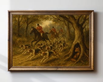 May include: A framed painting depicts a fox hunt scene. Horse riders in red coats lead a pack of hounds through a forest. A fox is nestled in a tree hollow. The artwork is set in a wooden frame.