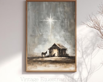Puede incluir: Pintura enmarcada con estética rústica. La obra representa un establo, un burro y figuras bajo una estrella brillante. La paleta de colores es apagada con tonos grises, marrones y blancos. El texto "Vintage Equestrian Prints" está en la parte inferior.