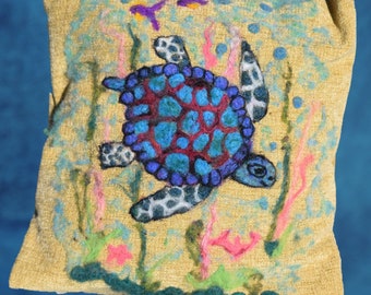 Handmade Wool Sea Turtle Pillow - Functional Art Pillow, Turtle Throw Pillow, Seaside Turtle Pillow