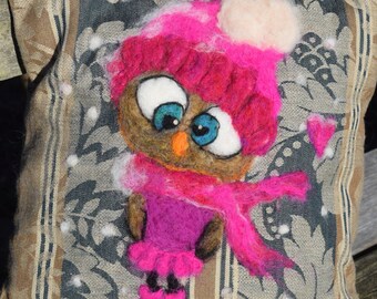 Handmade Needle Felted Owl Pillow: Whimsical Wool Decoration