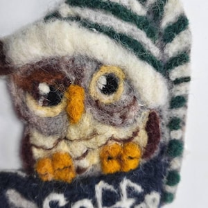 Owl in a Coffee Cup Note Card, Handmade Original Wool Felted Owl Card - Needle Felted Art Card,