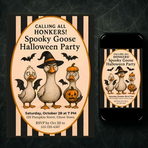 Editable Vintage Spooky Goose Halloween Invitation – Canva Template – Printable Digital Invite for Kids & Adults – Instant Download