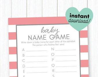 Baby Name Spiel • Baby Shower Spiel zum Ausdrucken • Rosa und graue Adrette Streifen