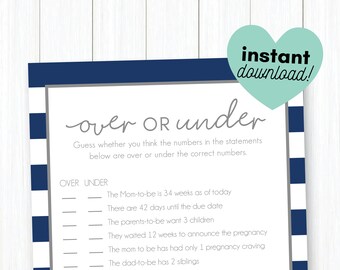 Navy and Grey Preppy Stripe  •  Over or Under   •  Baby Shower Game Printable