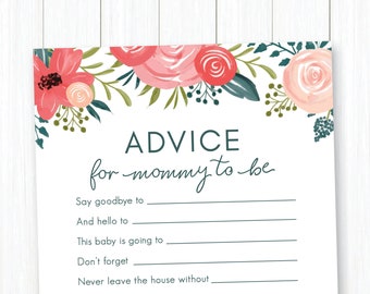 Advice for Mommy To Be Karte • Baby Shower Spiel zum Ausdrucken • Rosa & Blau Handgezeichnete Blumen • Sofort Download