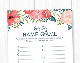 Baby Name Spiel • Baby Shower Spiel zum Ausdrucken • Rosa & Blau Handgezeichnete Blumen • Sofort Download
