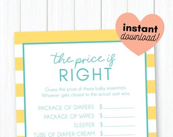 Yellow and Blue Preppy Stripe  • The Price Is Right  • Baby Shower Game Printable