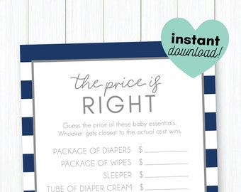Navy and Grey Preppy Stripe  • The Price Is Right  • Baby Shower Game Printable