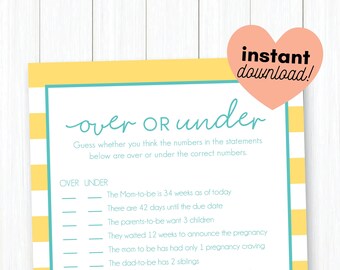 Yellow and Blue Preppy Stripe  •  Over or Under   •  Baby Shower Game Printable