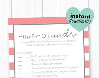 Over or Under • Baby Shower Spiel zum ausdrucken • Pink und Grau Preppy Stripe