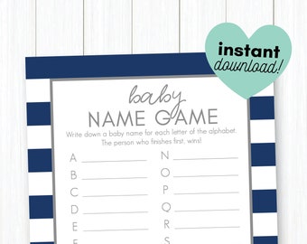 Marine und Grau Preppy Stripe • Baby Name Spiel • Baby Shower Spiel zum Ausdrucken