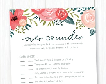 Over or Under   •  Baby Shower Game Printable  • Pink & Blue Handdrawn Floral  •  Instant Download