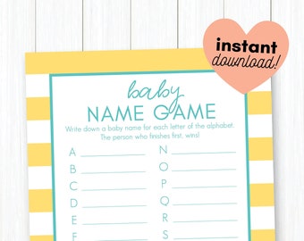 Yellow and Blue Preppy Stripe  •  Baby Name Game   •  Baby Shower Game Printable