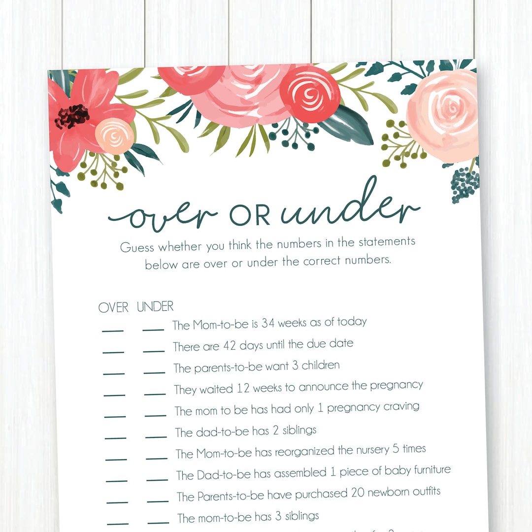 Over or Under Baby Shower Game Printable Pink & Blue Handdrawn Floral