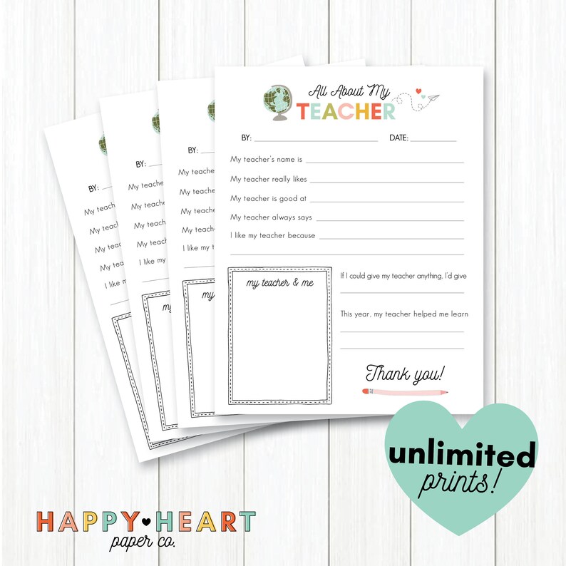 All About My Teacher Teacher Appreciation /End of Year Teacher Gift Fill In The Blanks Print Your Own Teacher / Educator Gift image 2