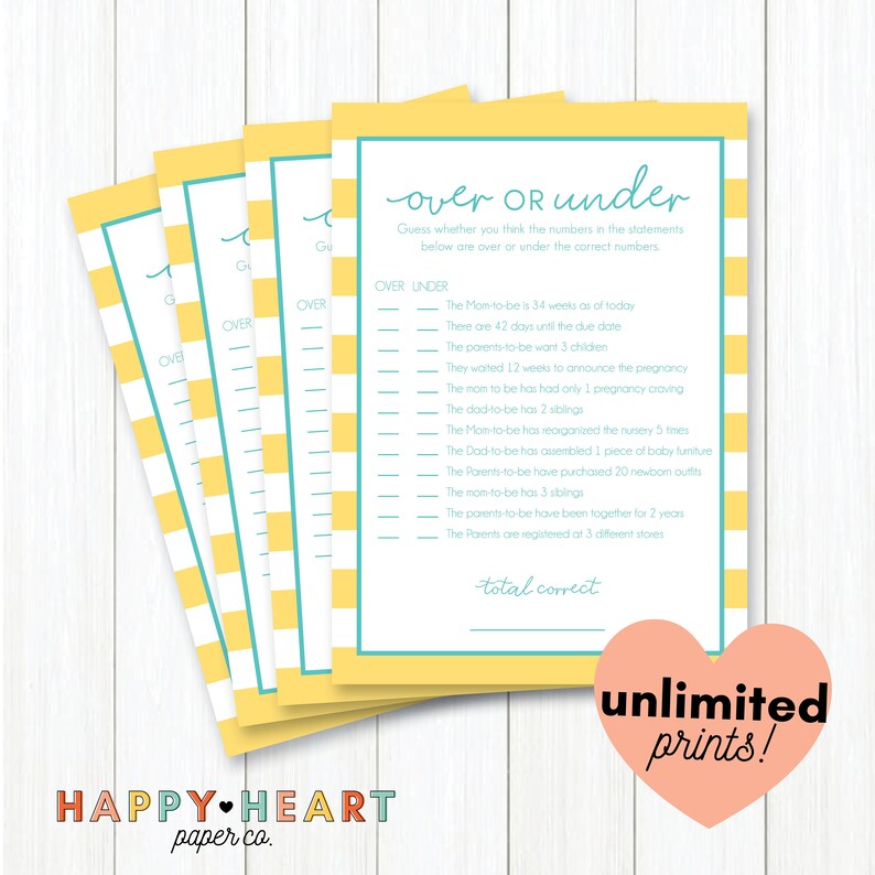 Yellow and Blue Preppy Stripe Over or Under Baby Shower Game Printable image 2