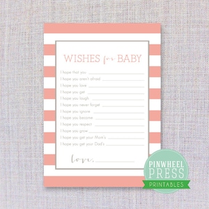 Baby Wishs Card - Imprimible - Rosa y Gris - Rayas - Baby Book Keepsake - Baby Shower Game