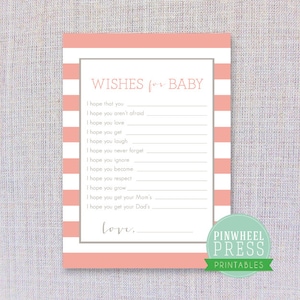 Baby Wunschkarte Printable Rosa & Grau Streifen Babybuch Andenken Baby Shower Spiel Bild 1