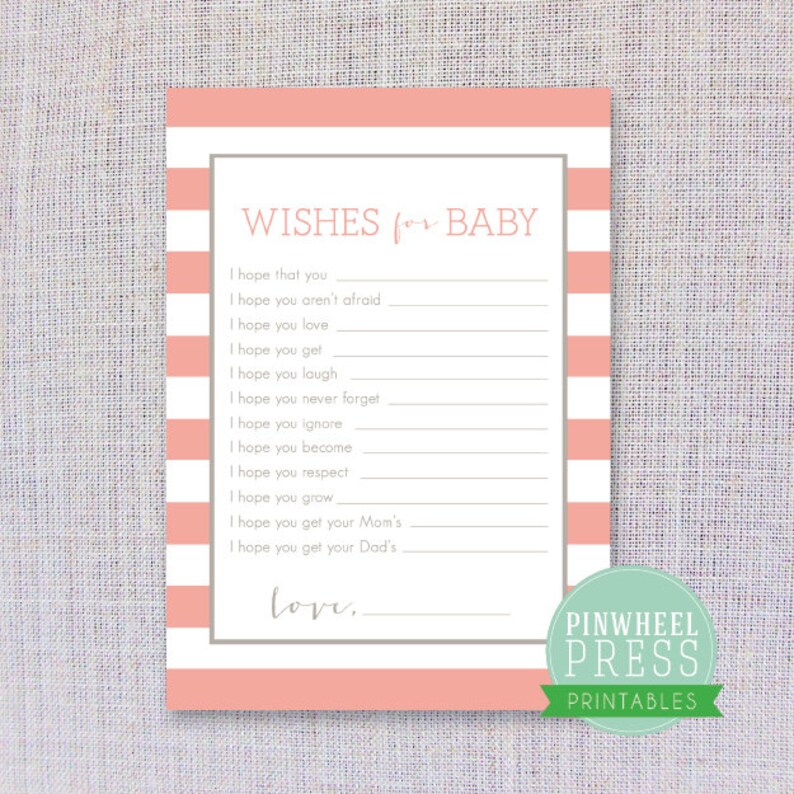 Baby Wunschkarte Printable Rosa & Grau Streifen Babybuch Andenken Baby Shower Spiel Bild 1