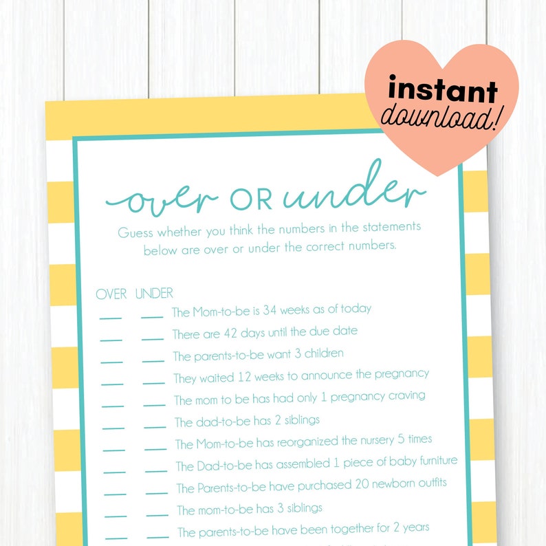 Yellow and Blue Preppy Stripe Over or Under Baby Shower Game Printable image 1