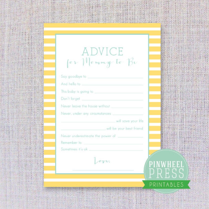 Print Your Own Mommy Advice Cards - Stripe - Yellow &amp; Aqua - Baby Book ...