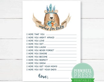 Print Your Own Baby Wish Cards - Woodland - Boho - Bohemian - Feather - Baby Book Keepsake - Baby Shower Game