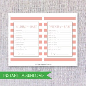 Baby Wunschkarte Printable Rosa & Grau Streifen Babybuch Andenken Baby Shower Spiel Bild 2