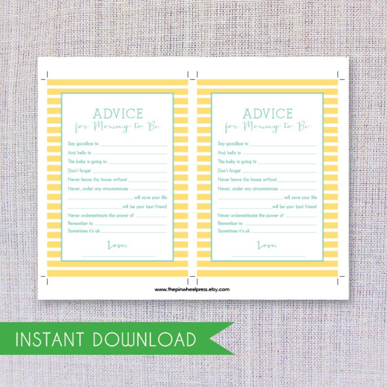 Print Your Own Mommy Advice Cards - Stripe - Yellow &amp; Aqua - Baby Book ...