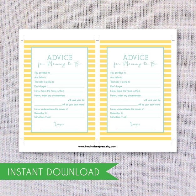 Print Your Own Mommy Advice Cards - Stripe - Yellow &amp; Aqua - Baby Book ...