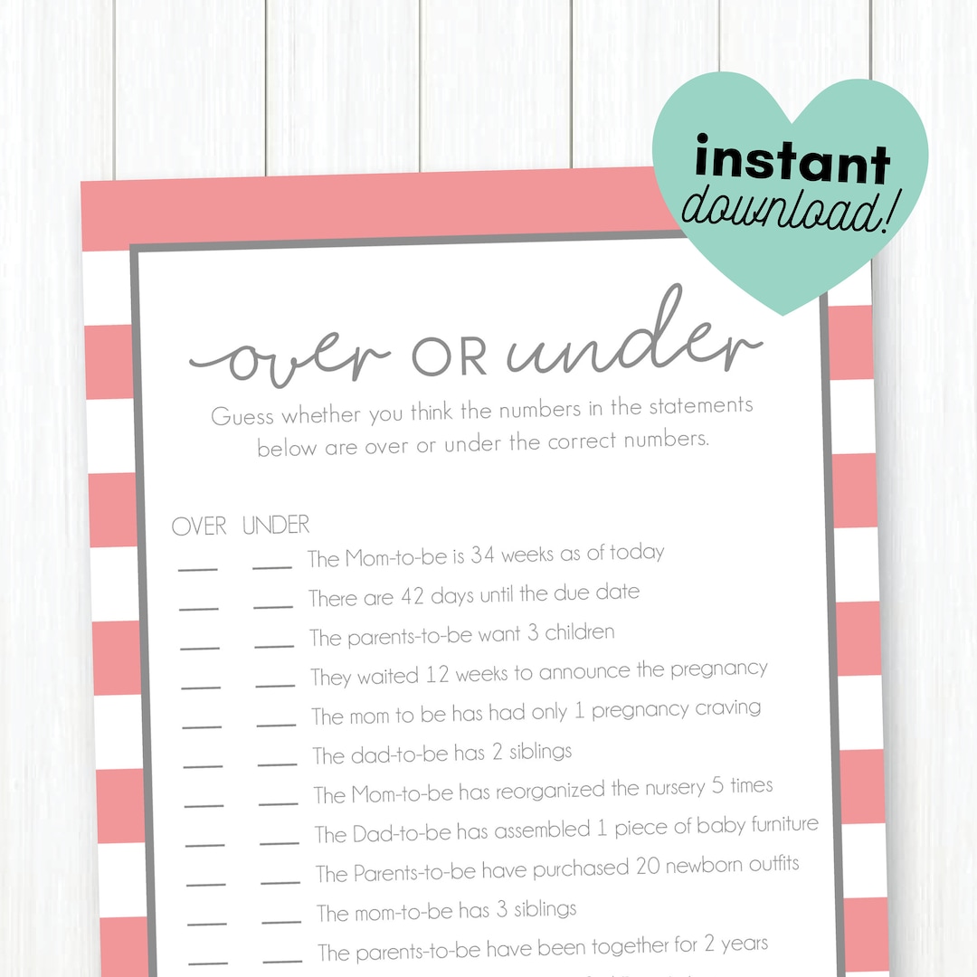 Over or Under Baby Shower Game Printable Pink and Grey Etsy