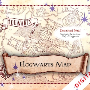 May include: A detailed map of Hogwarts School of Witchcraft and Wizardry, showing the layout of the school, its buildings, and the surrounding areas. The map includes the text "Hogwarts" and "Hogwarts Map" on banners, with additional text indicating it is a digital file.