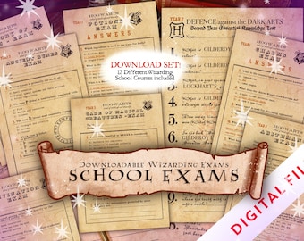 May include: A selection of Hogwarts exam papers, featuring subjects such as Potions and Charms, with a vintage aesthetic. The papers have a parchment-like appearance, with questions and text. A banner displays "Downloadable Wizarding Exams".