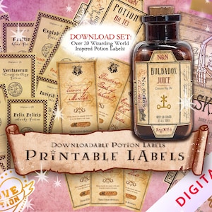 Puede incluir: Un conjunto de etiquetas de pociones imprimibles con una estética vintage. La imagen presenta una botella de vidrio etiquetada como "Bulbadox Juice" y varias etiquetas con nombres de pociones como "Elixir of Life" y "Polyjuice Potion". Las palabras "Download Set" y "Printable Labels" también son visibles.