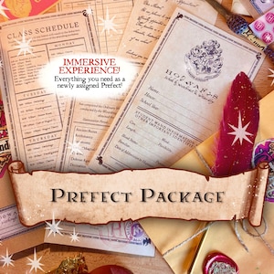 May include: A collection of parchment-style documents, including a class schedule and a Hogwarts acceptance letter, with the text "PREFECT PACKAGE" on a scroll. A red feather and a wand are also visible, with a pink background and star accents.