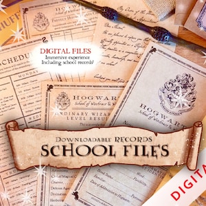 May include: A collection of digital school files, including class schedules, Hogwarts documents, and a wand. The files are designed with a vintage aesthetic, featuring parchment-like paper and decorative elements. The text "DIGITAL FILES" is visible.