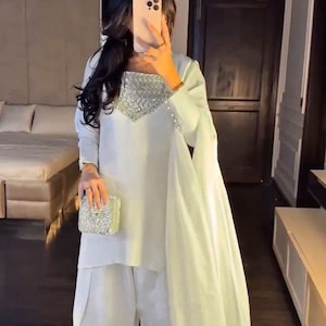 Pakistani Designer Readymade Georgette Kurta with Sequence Work, palazzo and Dupatta Set, Beautiful 3 piece Partywear/Wedding Salwar kameez