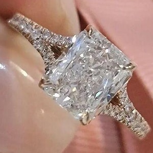 2.50ct Radiant Cut Moissanite Engagement Ring, Split Shank Bridal Ring, Round Diamond Pave Band Anniversary Ring for Her