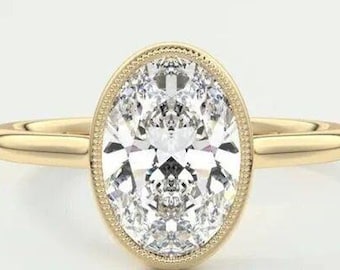 2 CT Fancy Bezel Setting Oval Moissanite Engagement Ring Bezel Setting Oval Solitaire Ring 14K Solid Gold Ring Anniversary Rings For Women