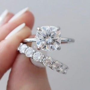 2.50 CT Cushion Cut Moissanite Wedding Ring Set, 14K Solid White Gold Engagement Ring set, Cushion Cut Ring Set, Anniversary Ring Set Gifts