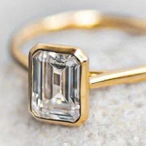 2 CT Emerald Cut Moissanite Bezel Set Engagement Ring, Emerald Cut Solitaire Ring, Bezel Set Wedding Ring, 14K Solid Gold Rings for Women