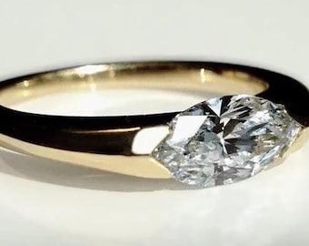0.5 To 2.0 CT Lab Created Diamond Engagement Ring, Marquise Cut East To West Set Lab Grown Diamond Solitaire Ring, Half Bezel Setting