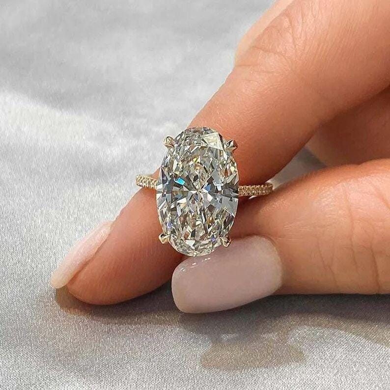 4.0CT Classic Vintage Style Oval Moissanite Ring, Gorgeous Hidden Halo Anniversary Ring, Oval Cut Solitaire Diamond Ring, White Gold Ring